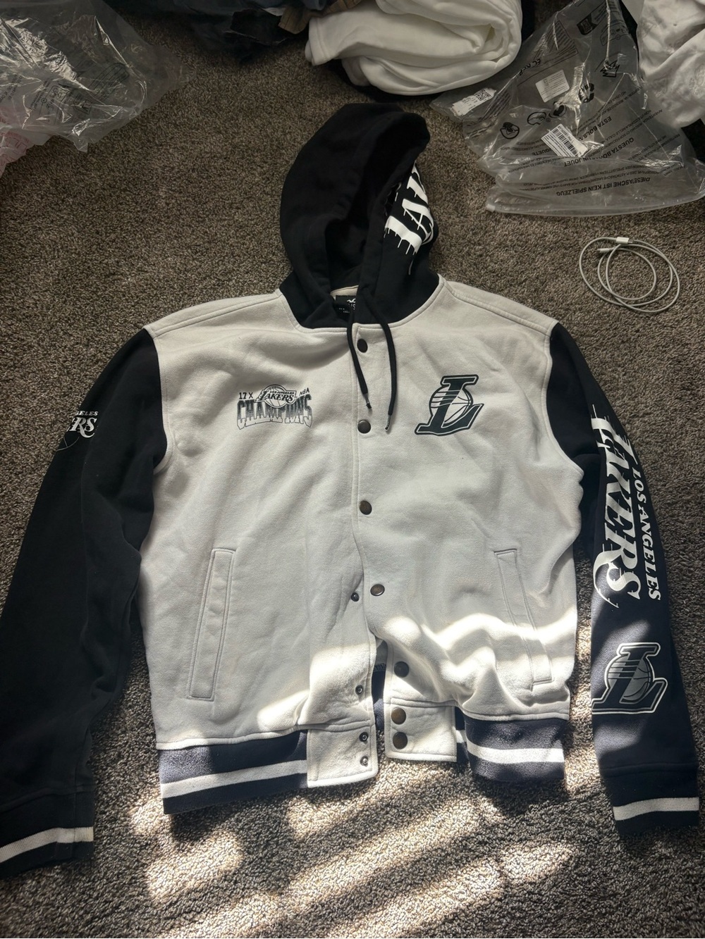 Hollister Los Angeles Lakers Two-Tone Black & White Hooded Varsity Jacket